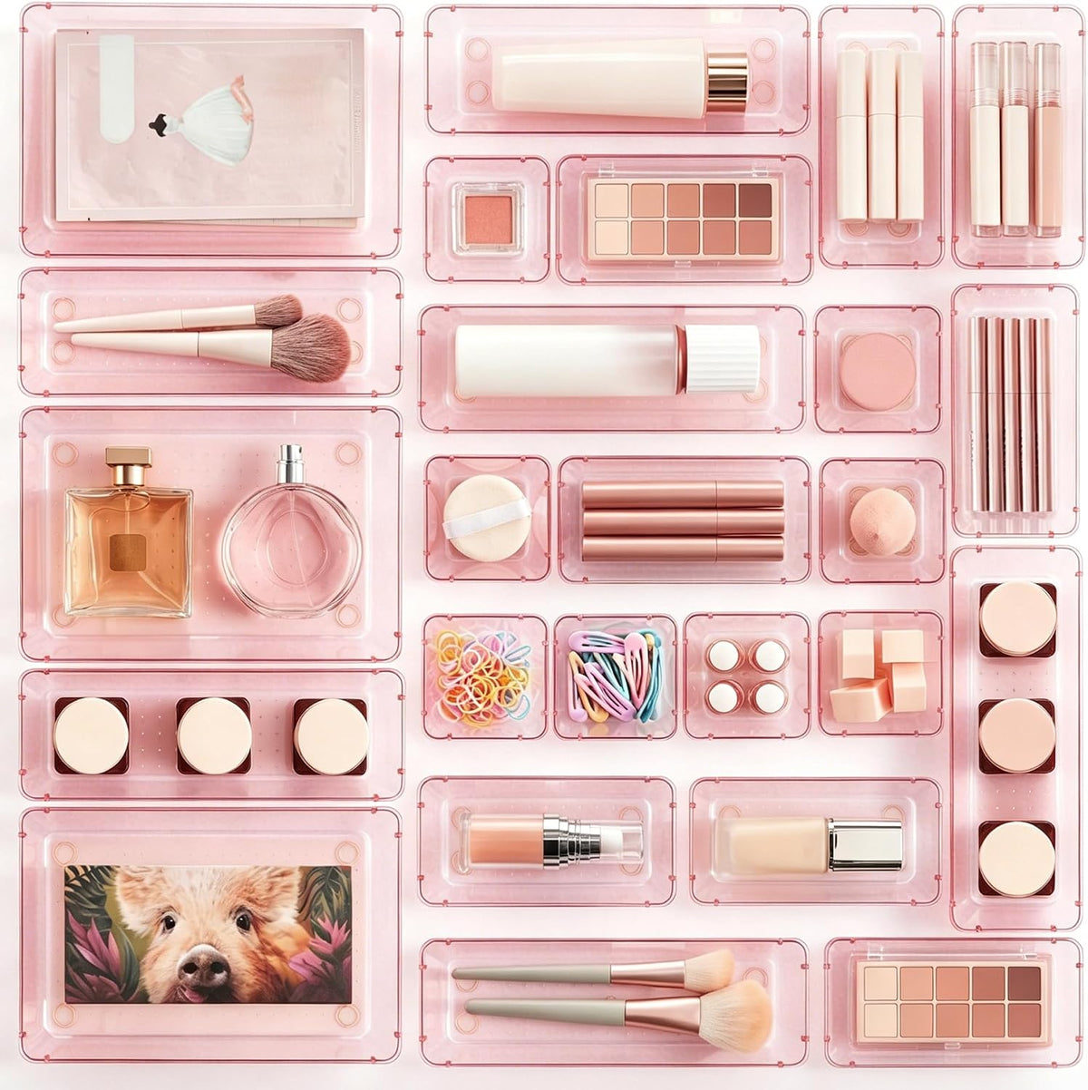 25 PCS Clear Plastic Drawer Organizers Set, 4-Size Versatile Bathroom and Vanity Drawer Organizer Trays, Storage Bins for Makeup, Bedroom, Kitchen Gadgets Utensils and Office