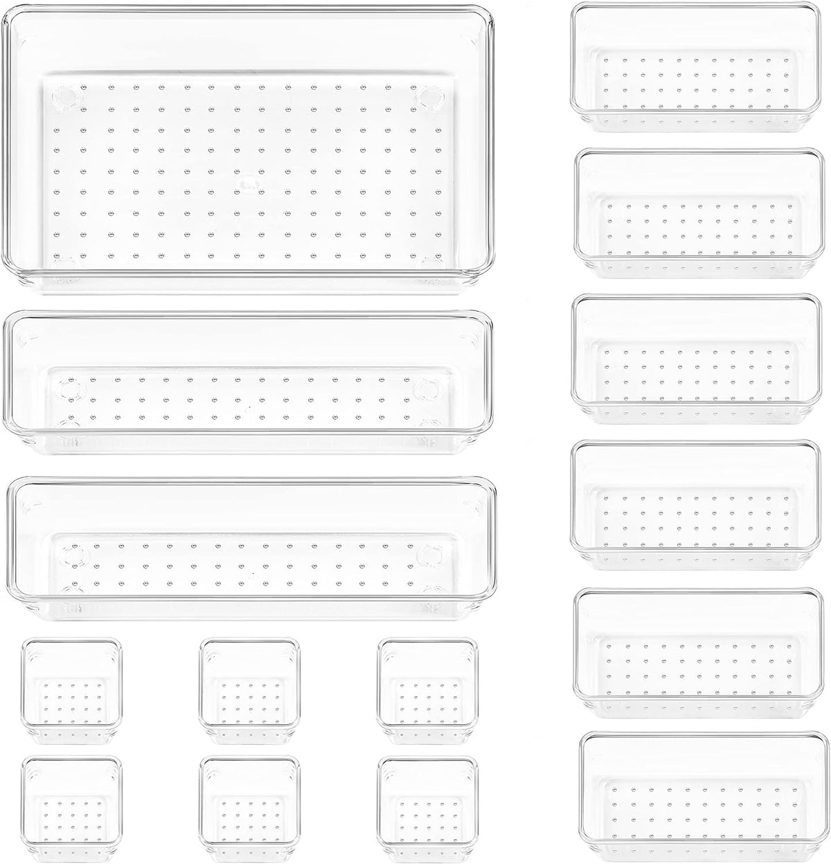 25 PCS Clear Plastic Drawer Organizers Set, 4-Size Versatile Bathroom and Vanity Drawer Organizer Trays, Storage Bins for Makeup, Bedroom, Kitchen Gadgets Utensils and Office